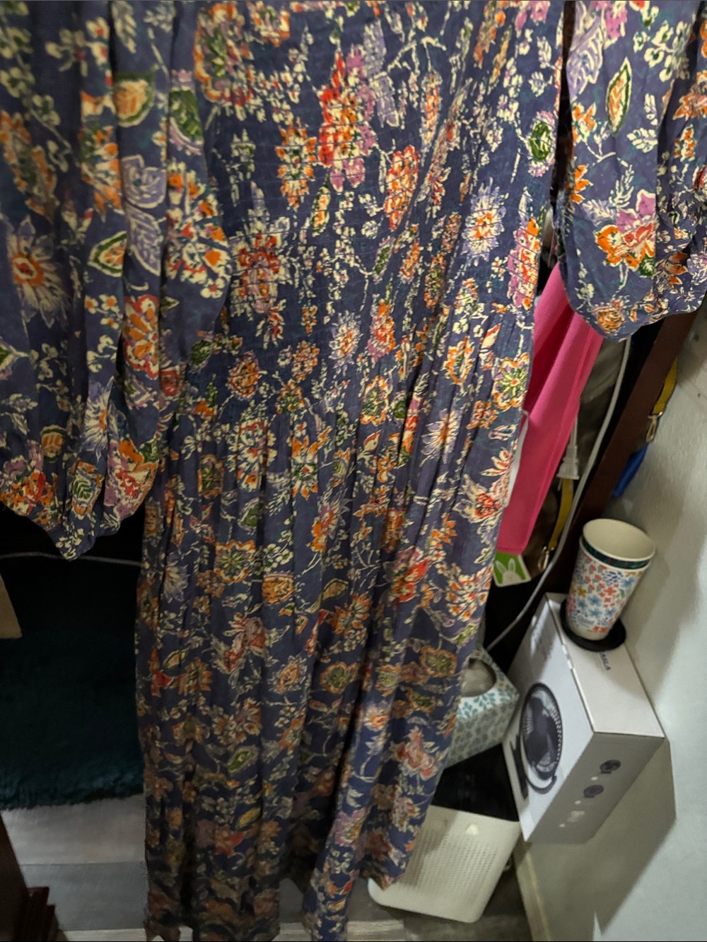 Angie Blue Floral Midi Dress with Orange & Green Accents- P2P:17, Length:42 - Picture 7 of 11